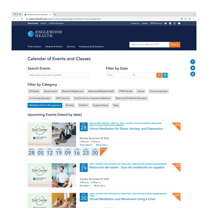 Englewood Health calendar page with meditation category selected and virtual meditation dates list shown