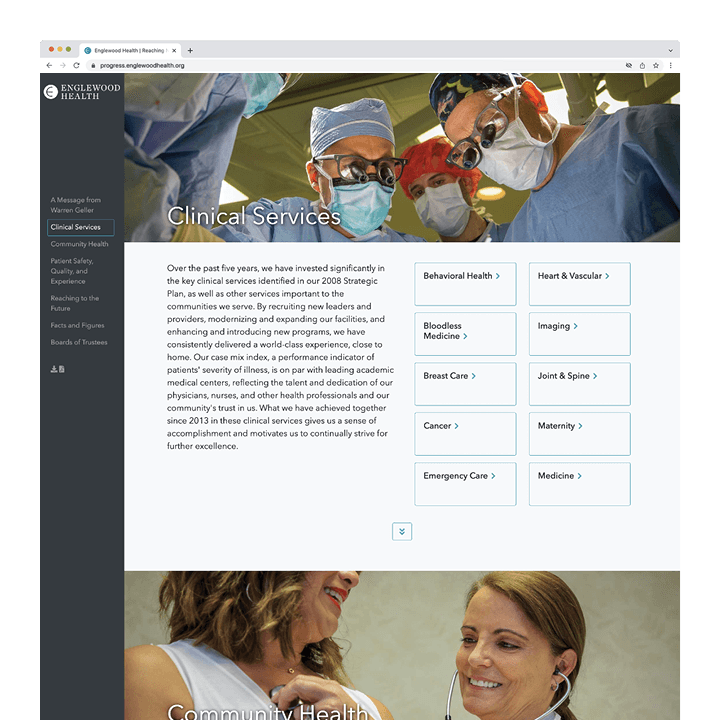 Englewood Health progress report digital publication clinical services screenshot