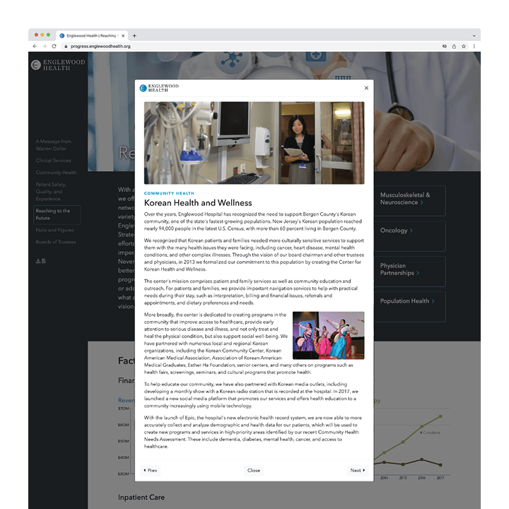 Englewood Health progress report digital publication future screenshot with open modal window content