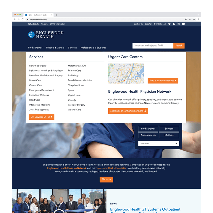 Englewood Health website front page screenshot with open mega menu