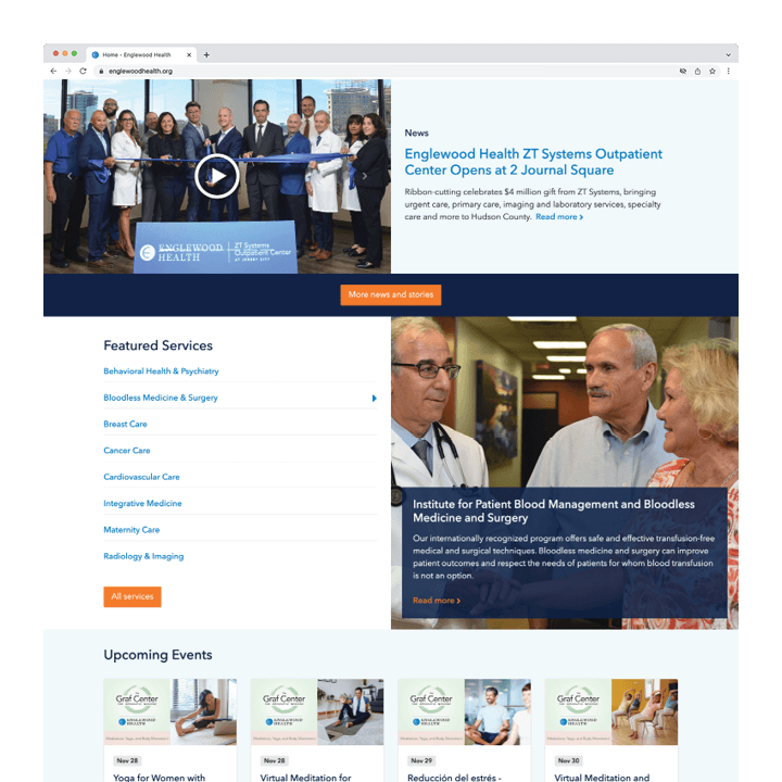Englewood Health website front page screenshot showing news carousel and featured services section