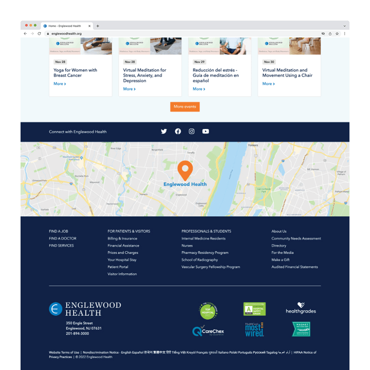 Englewood Health website front page screenshot showing upcoming events section and footer