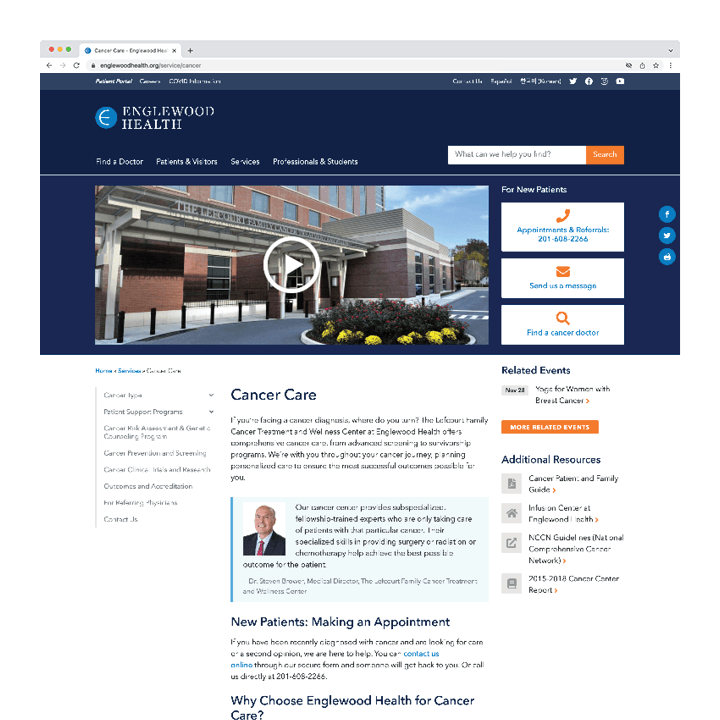 Englewood Health website cancer service line page screenshot