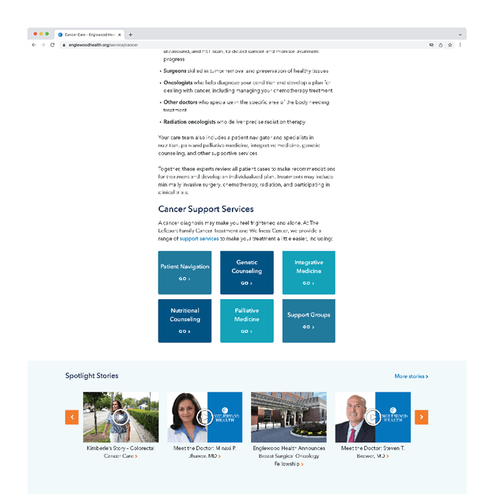 Englewood Health website cancer service line page screenshot