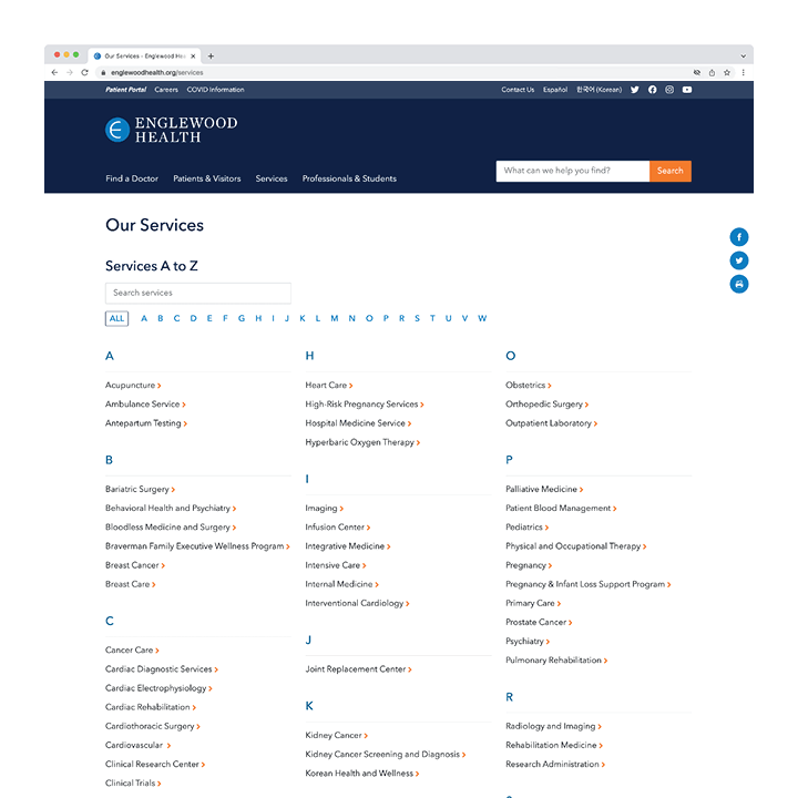 Englewood Health website services index screenshot