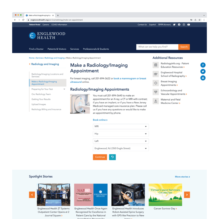 Englewood Health website radiology appointments page screenshot
