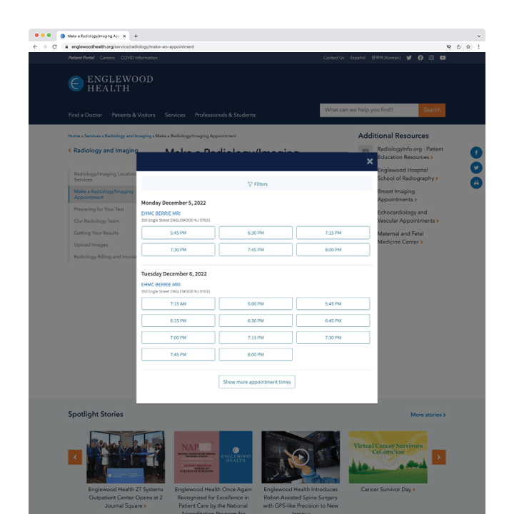 Englewood Health website radiology appointments page screenshot with open scheduling modal window