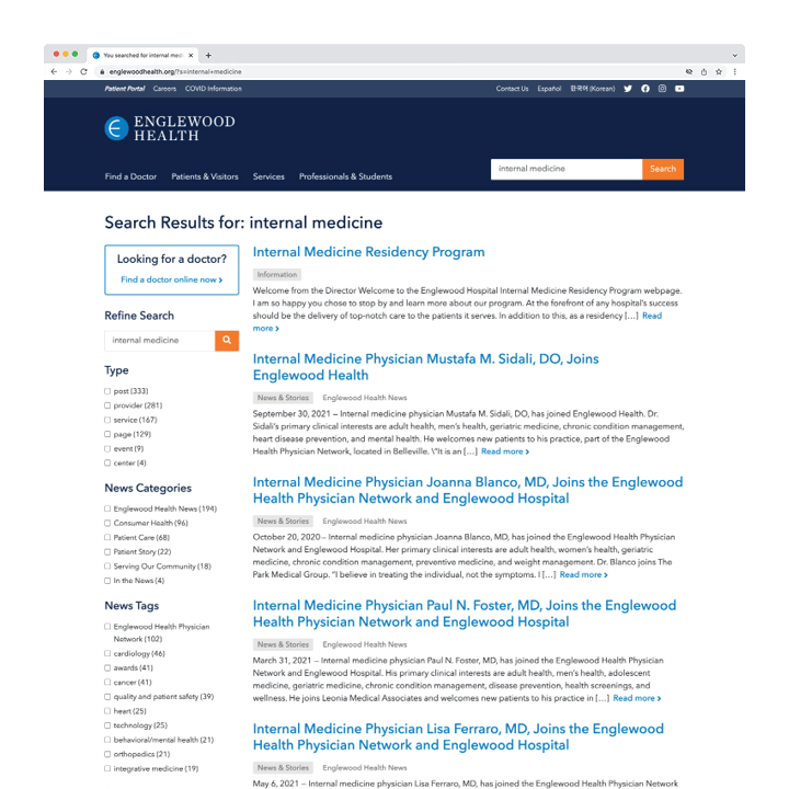 Englewood Health Solr index search results screenshot