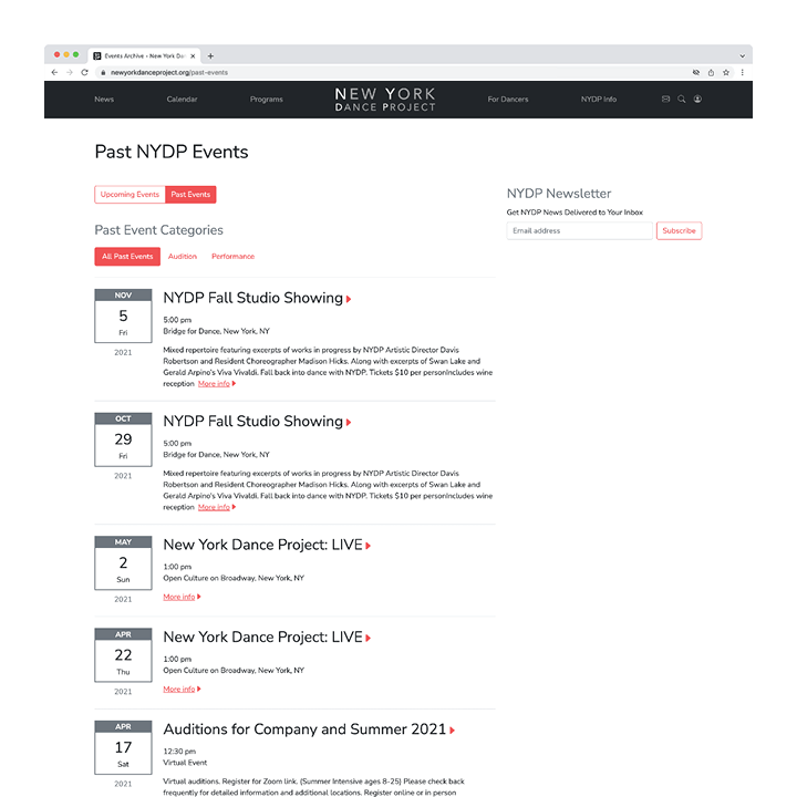 NYDP website events archive screenshot